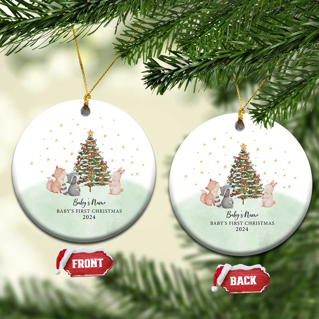 Personalized Baby First Christmas Ornament 2024 Custom Baby Name Woodland Animals TS10
