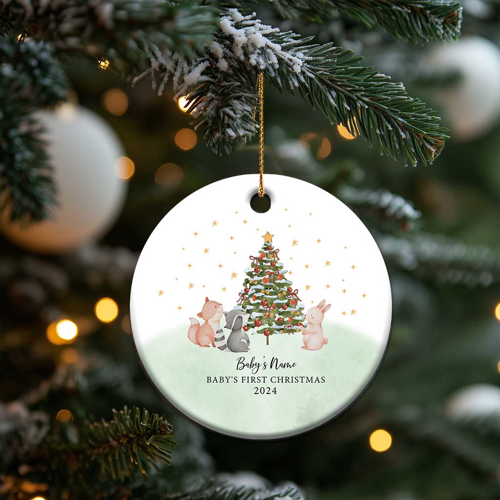 Personalized Baby First Christmas Ornament 2024 Custom Baby Name Woodland Animals TS10