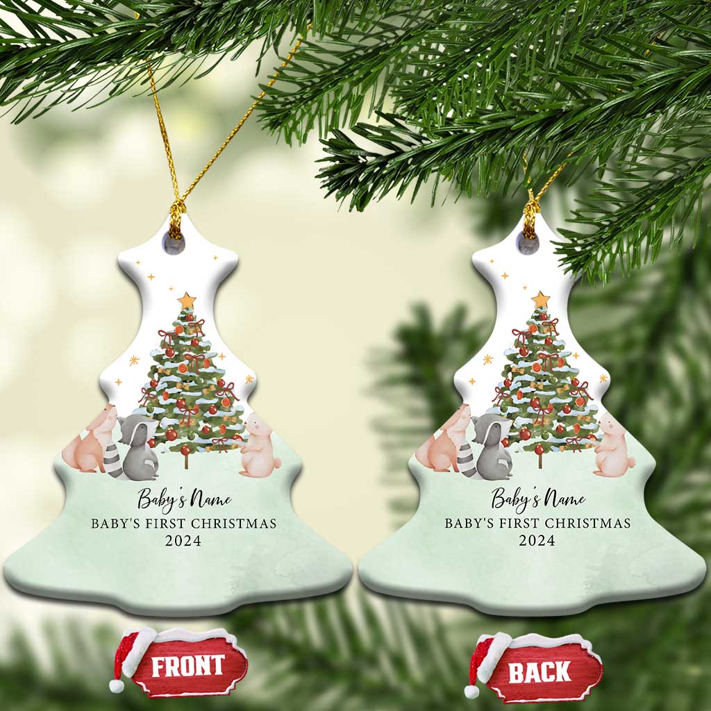 Personalized Baby First Christmas Ornament 2024 Custom Baby Name Woodland Animals TS10