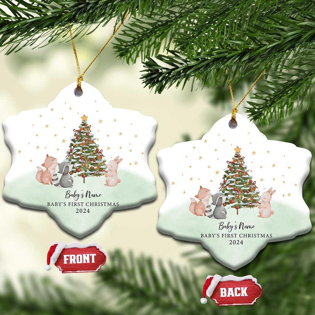 Personalized Baby First Christmas Ornament 2024 Custom Baby Name Woodland Animals TS10
