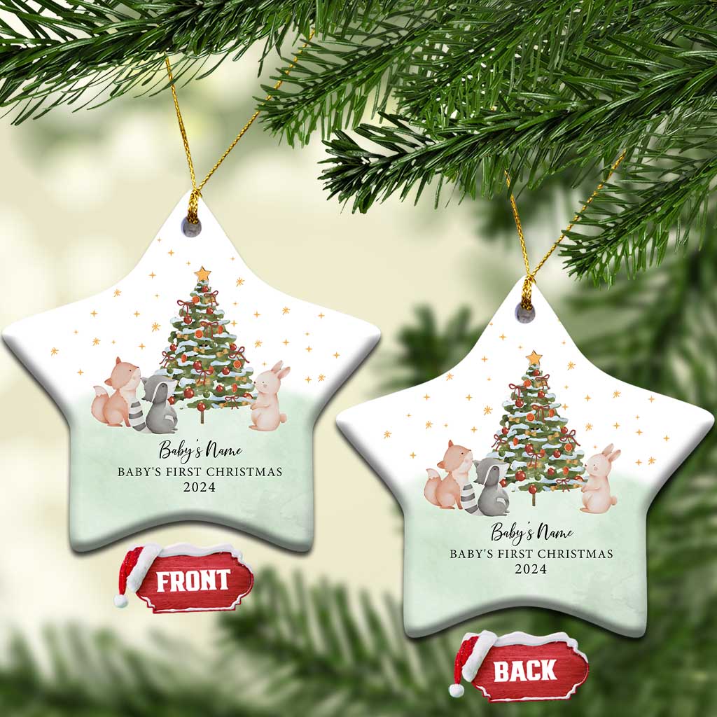 Personalized Baby First Christmas Ornament 2024 Custom Baby Name Woodland Animals TS10
