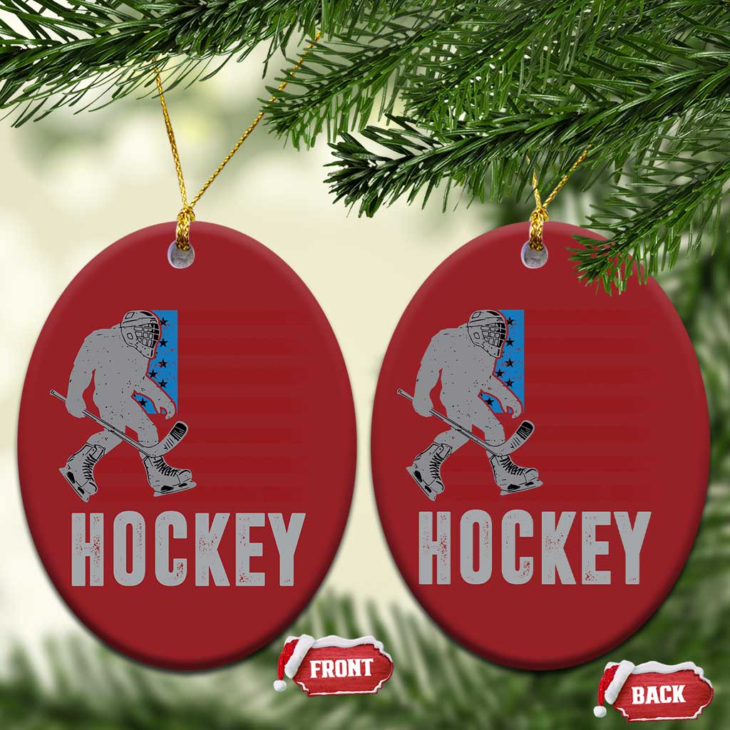Hockey Bigfoot USA Flag Christmas Ornament Vintage Patriotic Ice Hockey Player TS10