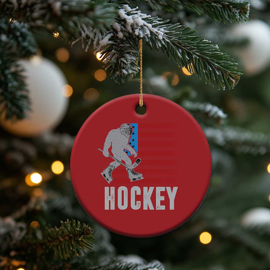 Hockey Bigfoot USA Flag Christmas Ornament Vintage Patriotic Ice Hockey Player TS10