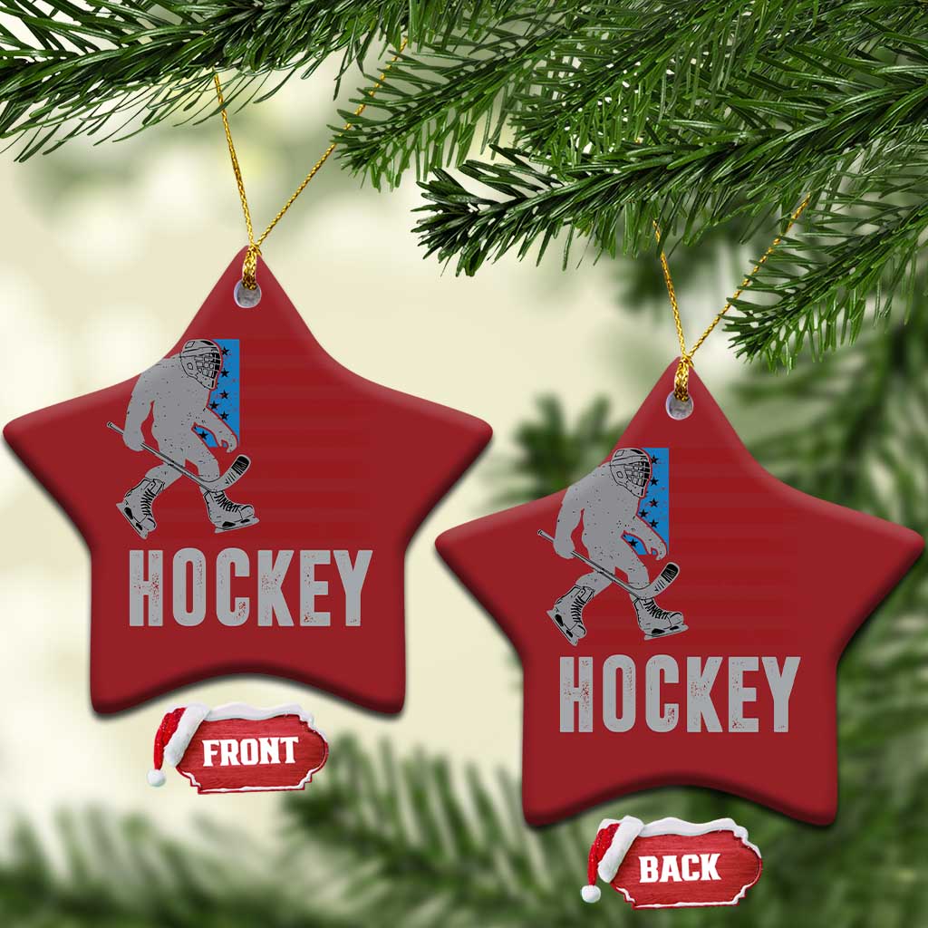 Hockey Bigfoot USA Flag Christmas Ornament Vintage Patriotic Ice Hockey Player TS10