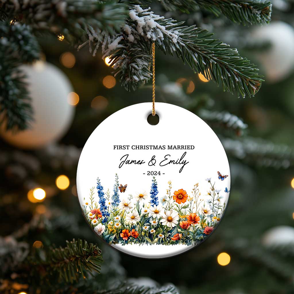 Personalised First Xmas Married Christmas Ornament Custom Name 2024 Flowers Decorations Keepsake Wedding Gifts TS10