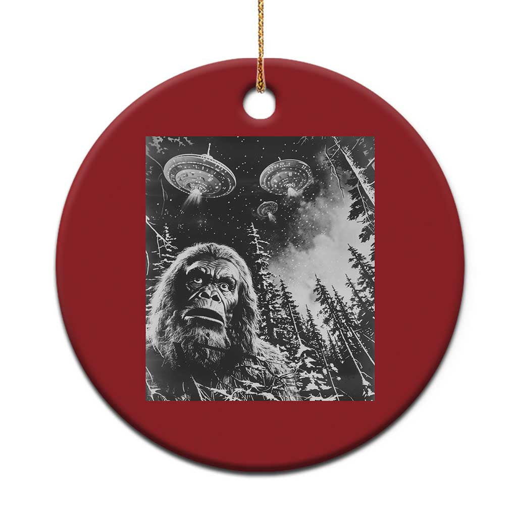 Funny Graphic Bigfoot Selfie with UFOs Weird Christmas Ornament TS10