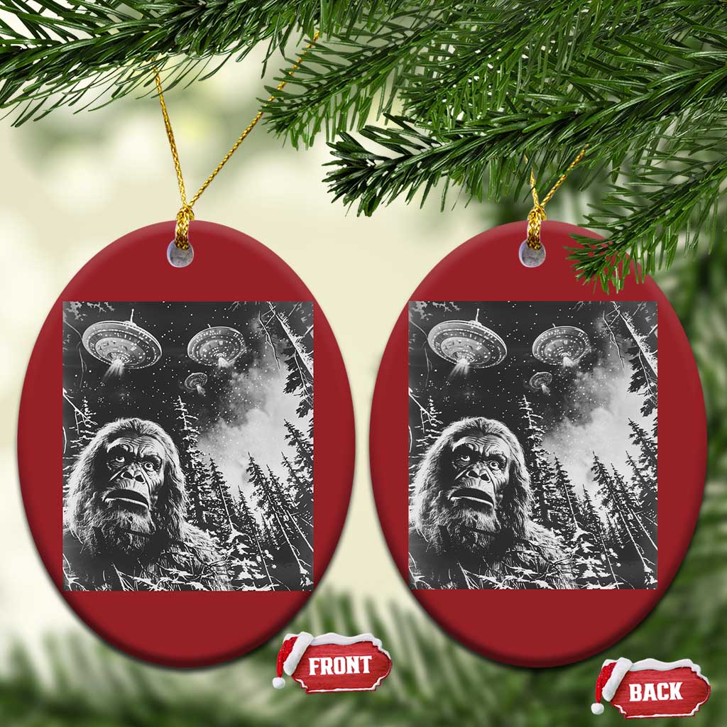 Funny Graphic Bigfoot Selfie with UFOs Weird Christmas Ornament TS10