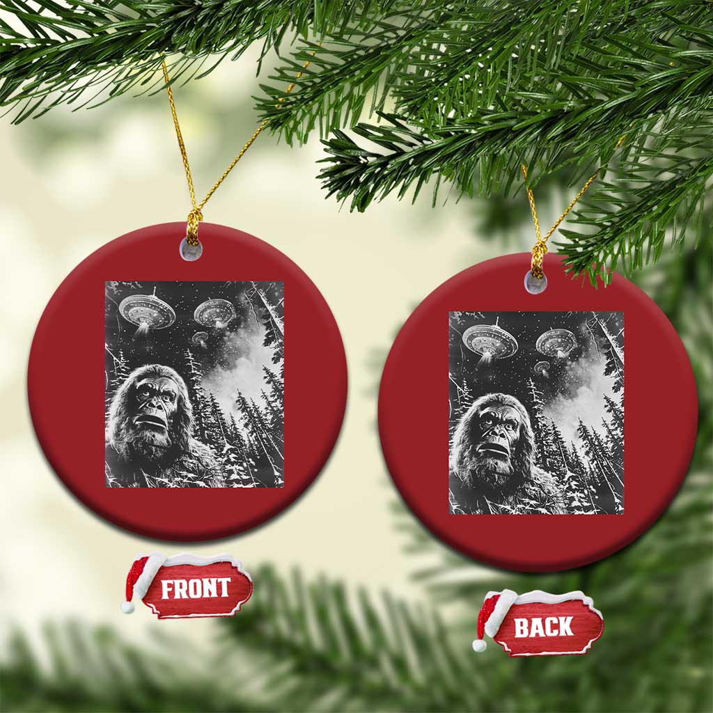 Funny Graphic Bigfoot Selfie with UFOs Weird Christmas Ornament TS10