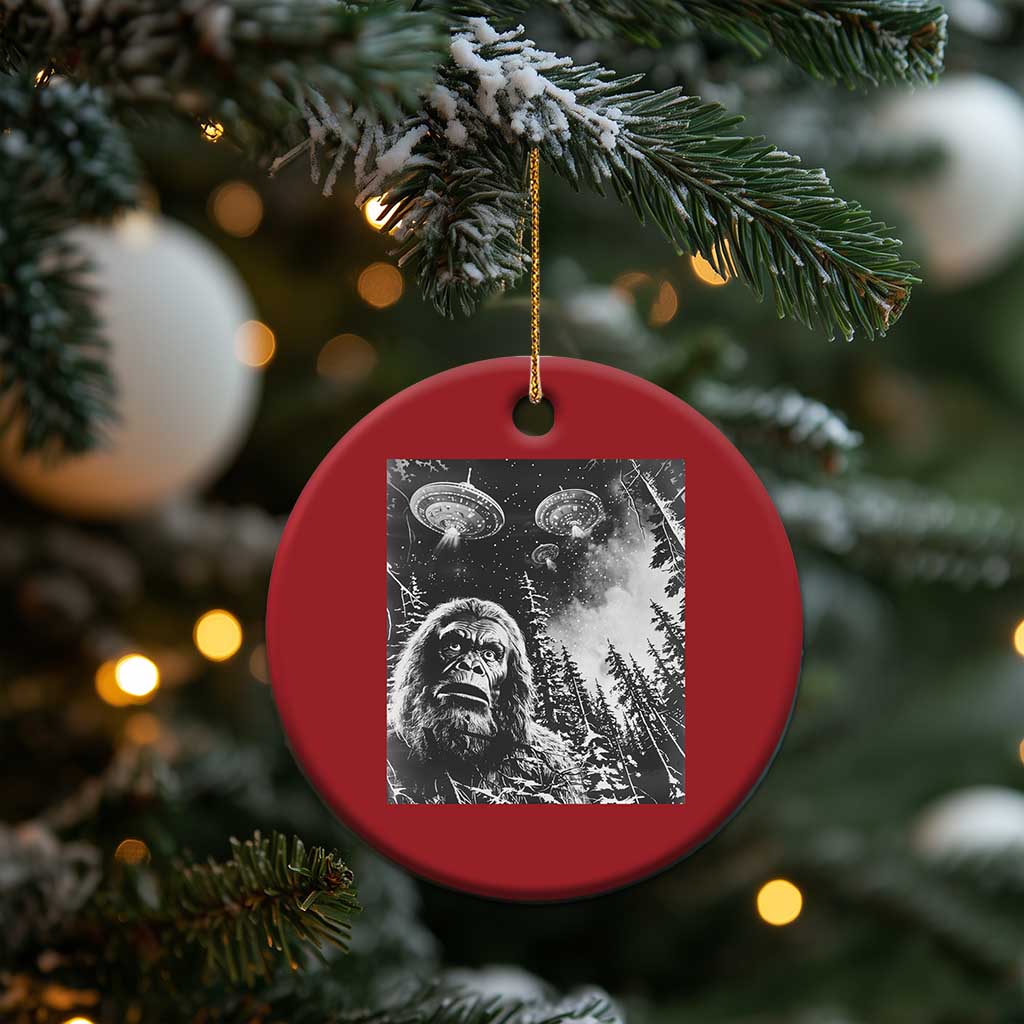 Funny Graphic Bigfoot Selfie with UFOs Weird Christmas Ornament TS10