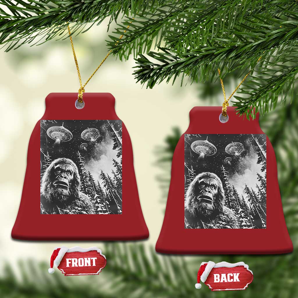 Funny Graphic Bigfoot Selfie with UFOs Weird Christmas Ornament TS10