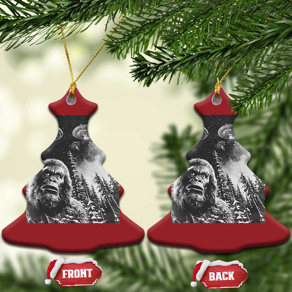 Funny Graphic Bigfoot Selfie with UFOs Weird Christmas Ornament TS10