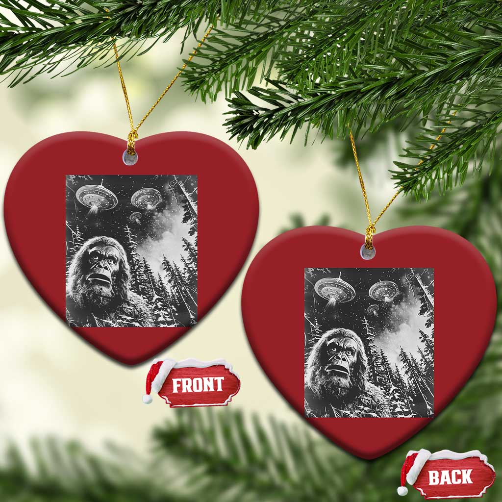 Funny Graphic Bigfoot Selfie with UFOs Weird Christmas Ornament TS10