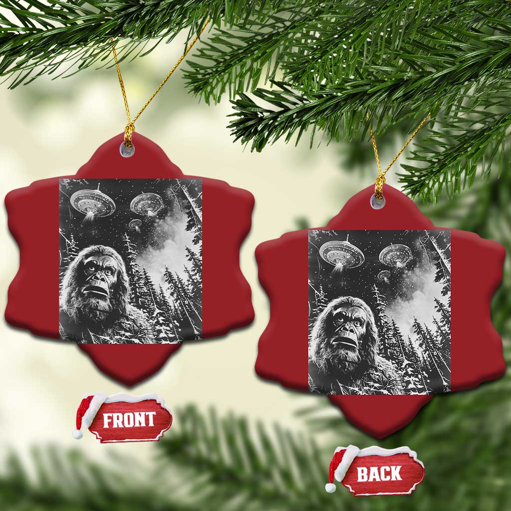 Funny Graphic Bigfoot Selfie with UFOs Weird Christmas Ornament TS10
