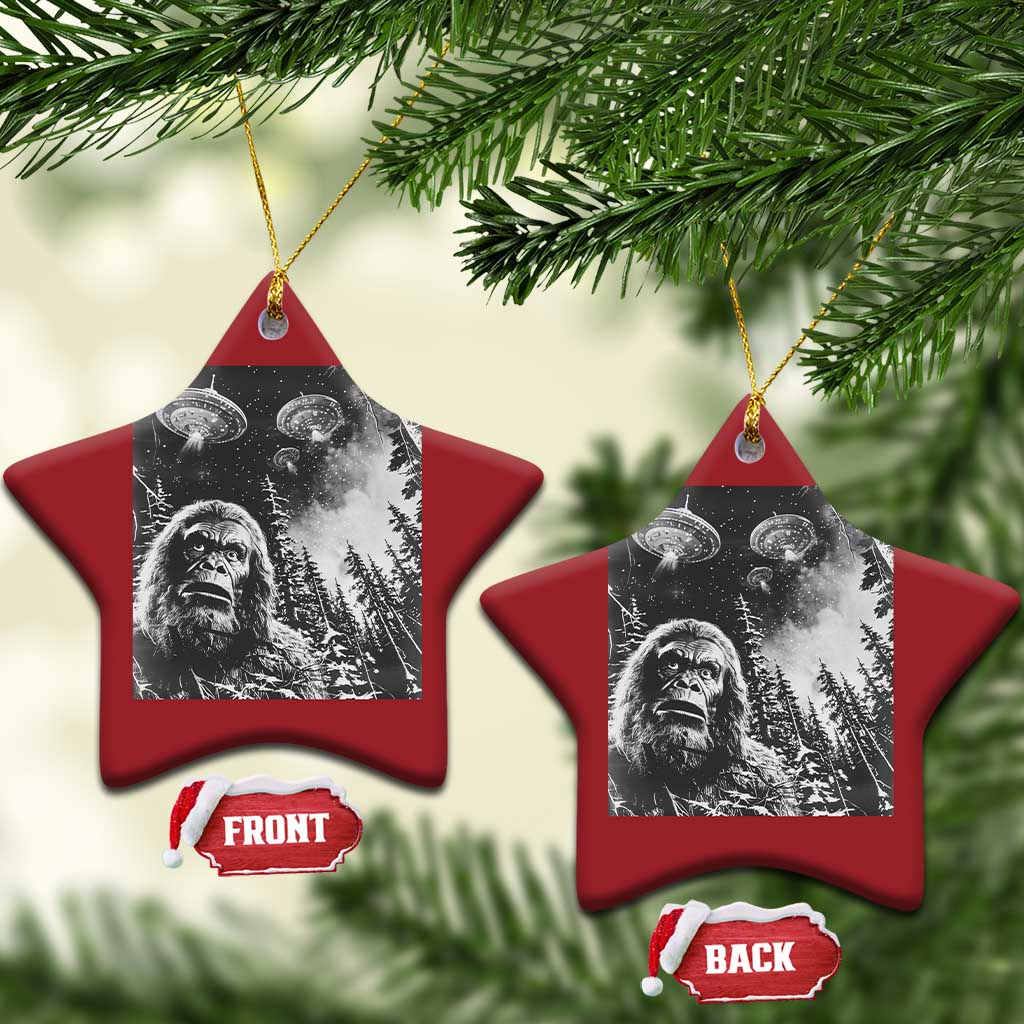 Funny Graphic Bigfoot Selfie with UFOs Weird Christmas Ornament TS10