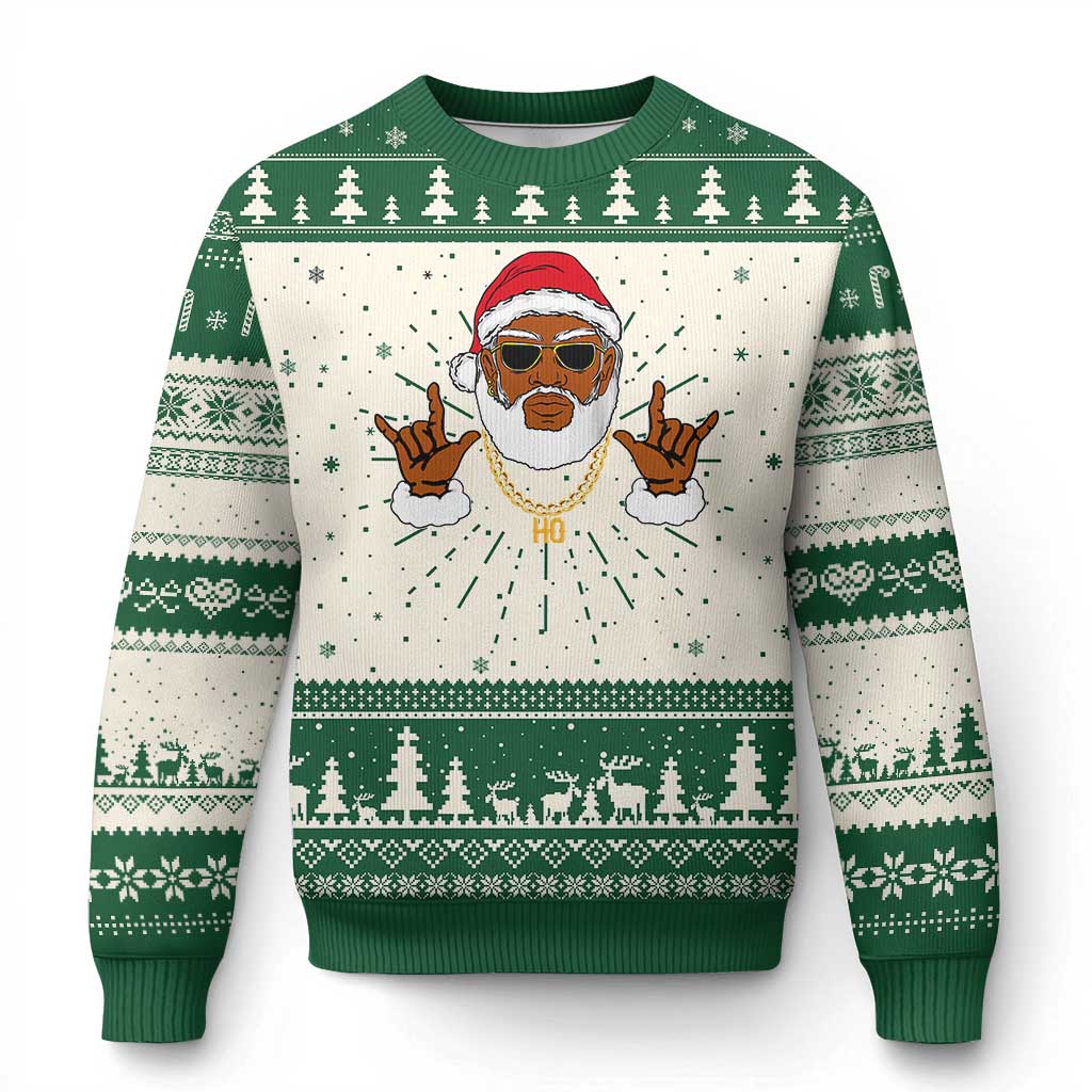 Funny Santa Ugly Christmas Sweater Black Hip Hop Santa African American Santa Rapper Fan TS10