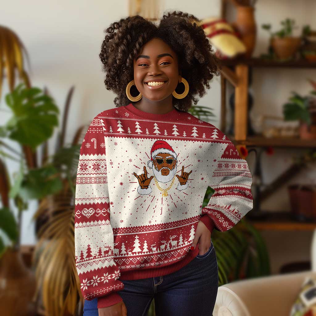 Funny Santa Ugly Christmas Sweater Black Hip Hop Santa African American Santa Rapper Fan TS10