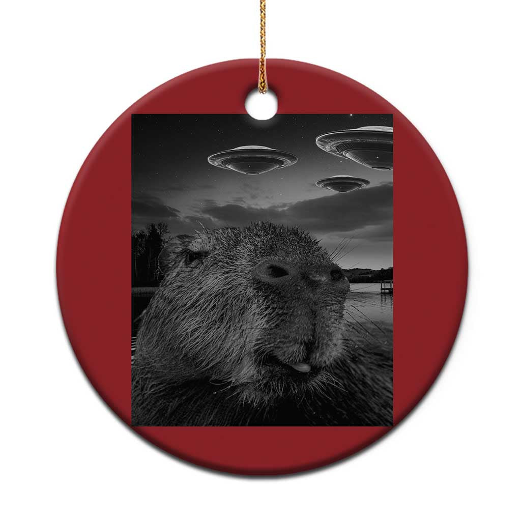 Funny Graphic Capybara Selfie with UFOs Weird Christmas Ornament TS10