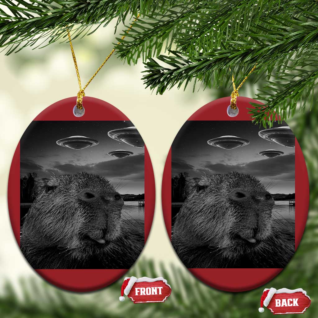 Funny Graphic Capybara Selfie with UFOs Weird Christmas Ornament TS10