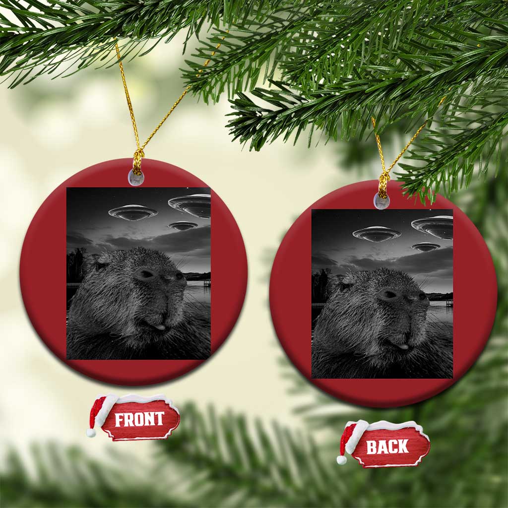 Funny Graphic Capybara Selfie with UFOs Weird Christmas Ornament TS10