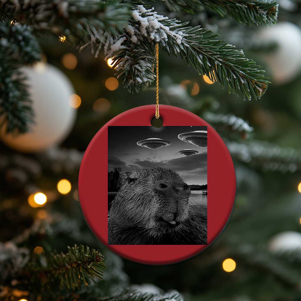 Funny Graphic Capybara Selfie with UFOs Weird Christmas Ornament TS10