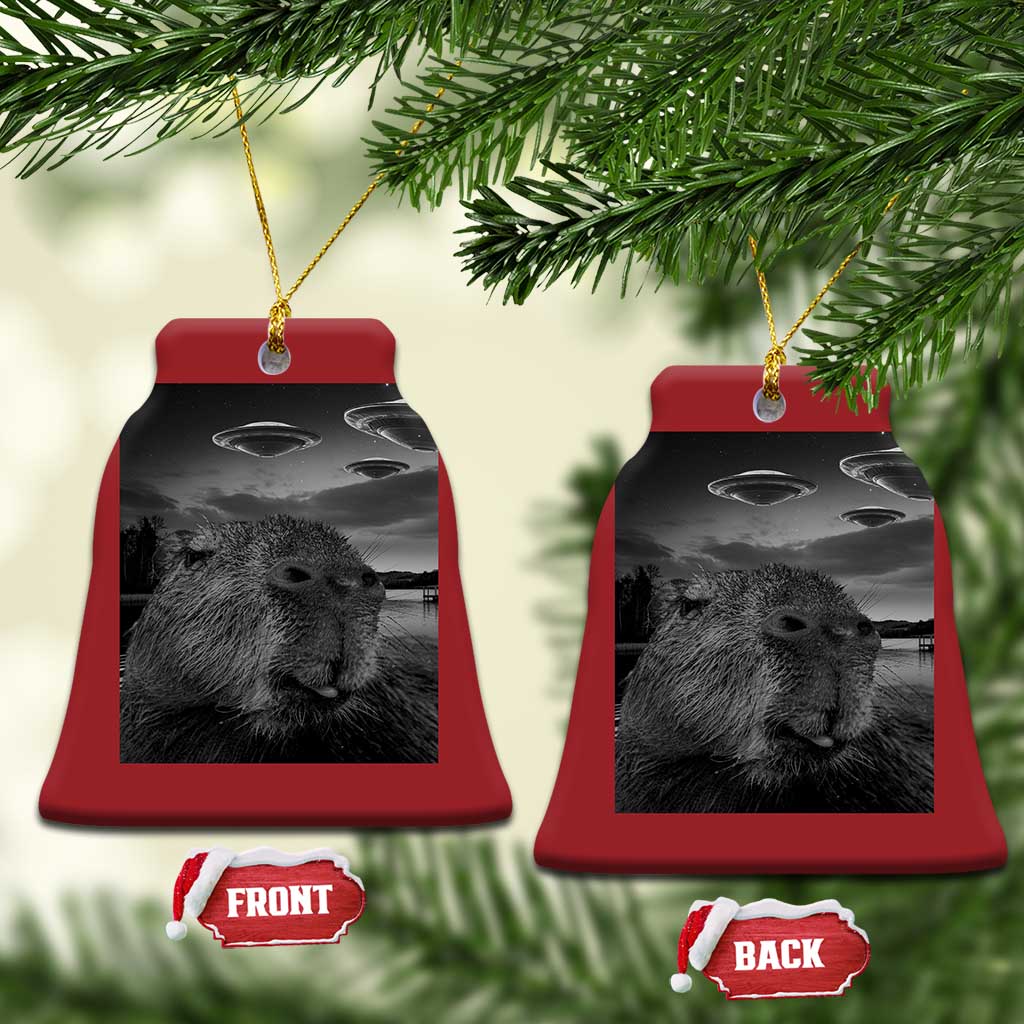 Funny Graphic Capybara Selfie with UFOs Weird Christmas Ornament TS10