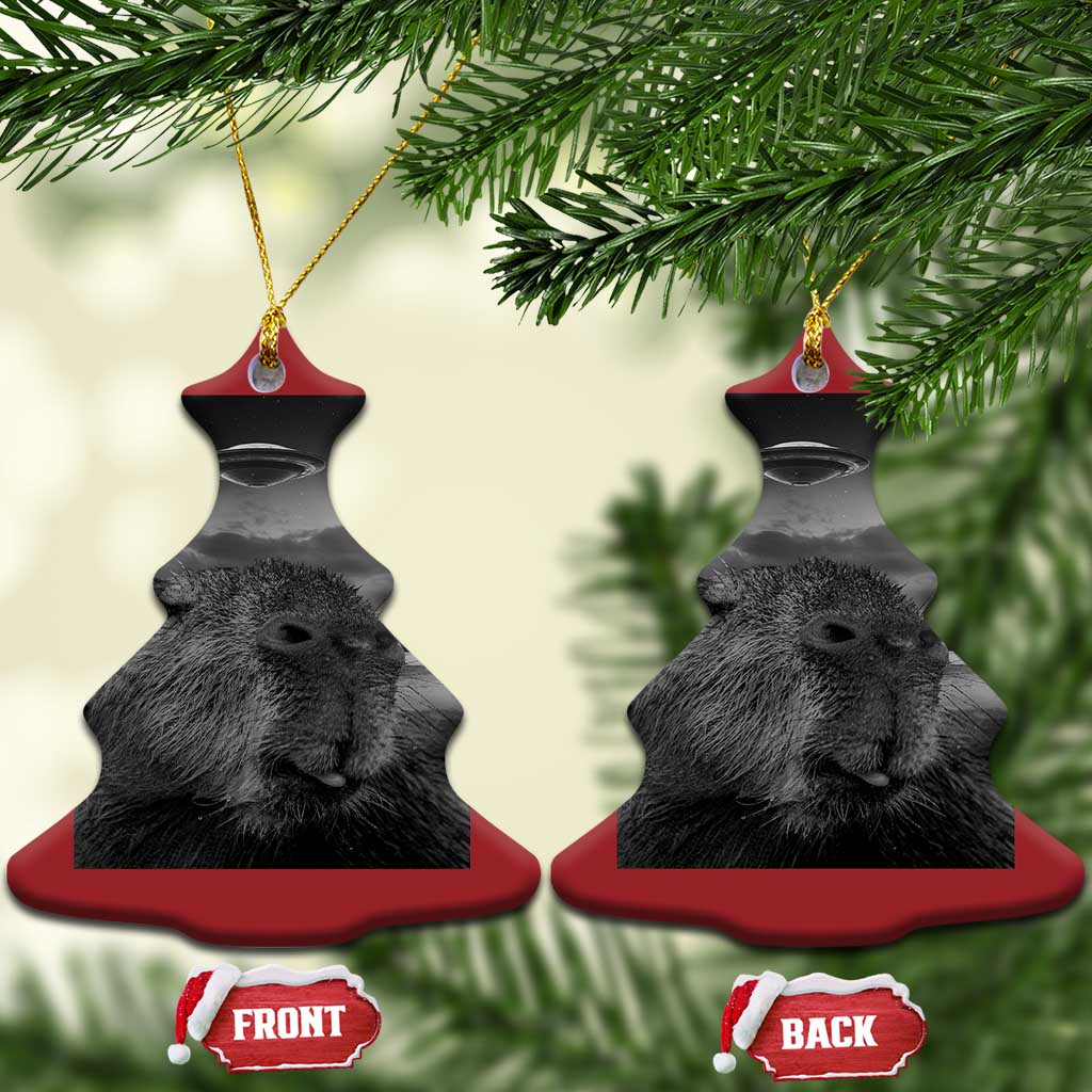 Funny Graphic Capybara Selfie with UFOs Weird Christmas Ornament TS10