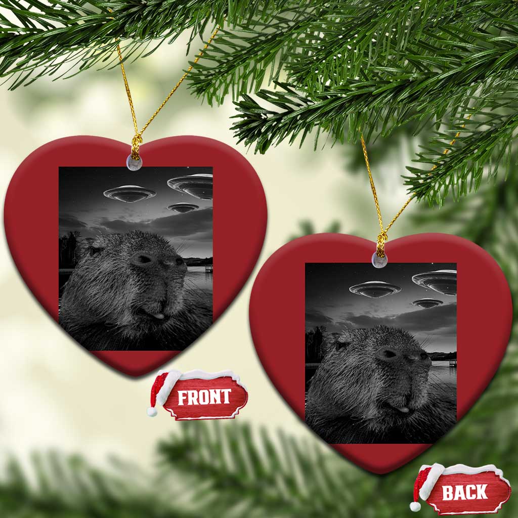 Funny Graphic Capybara Selfie with UFOs Weird Christmas Ornament TS10