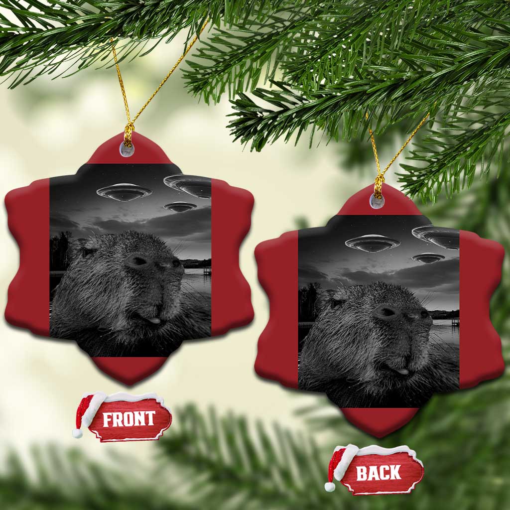 Funny Graphic Capybara Selfie with UFOs Weird Christmas Ornament TS10