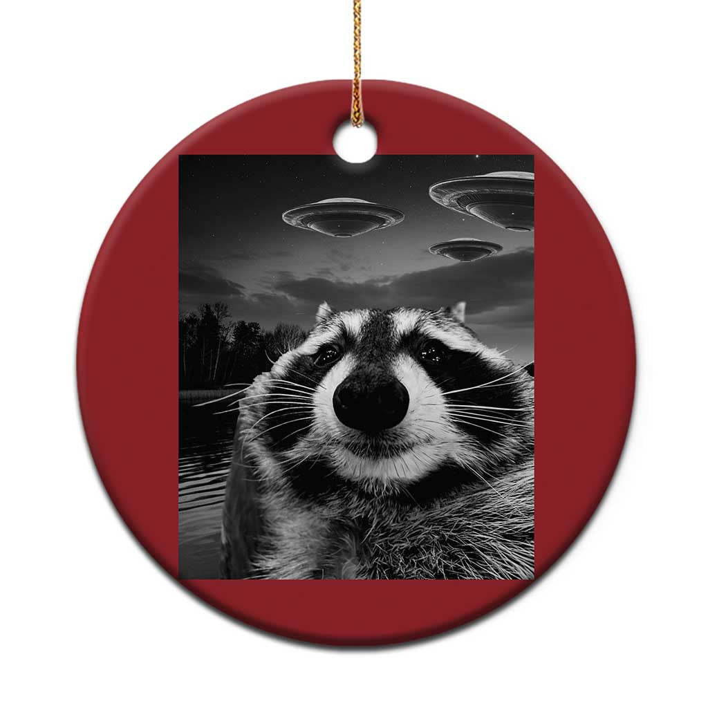Funny Graphic Racoon Selfie with UFOs Weird Christmas Ornament TS10