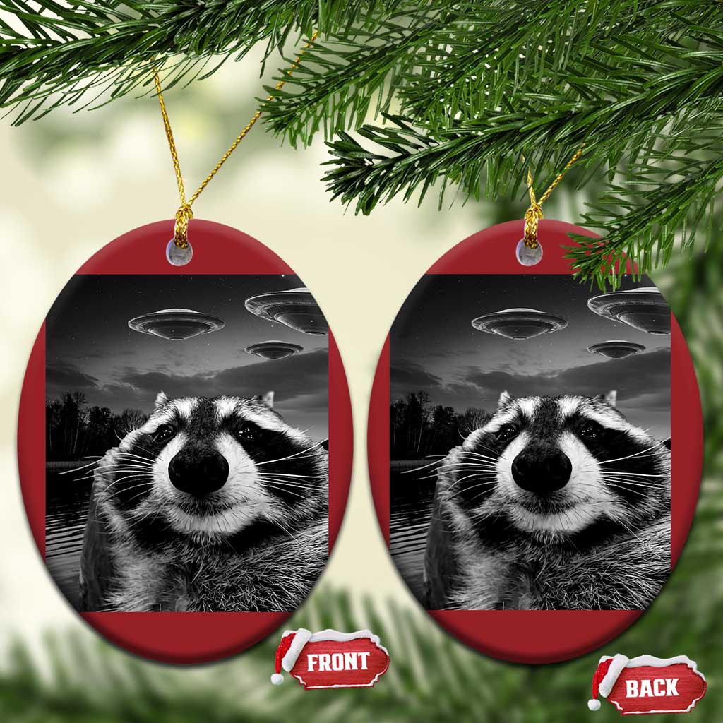 Funny Graphic Racoon Selfie with UFOs Weird Christmas Ornament TS10
