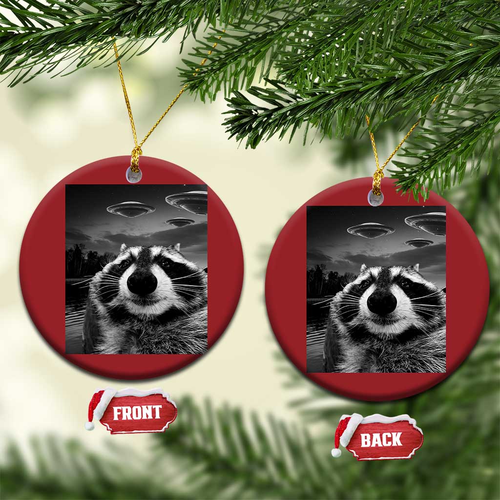 Funny Graphic Racoon Selfie with UFOs Weird Christmas Ornament TS10