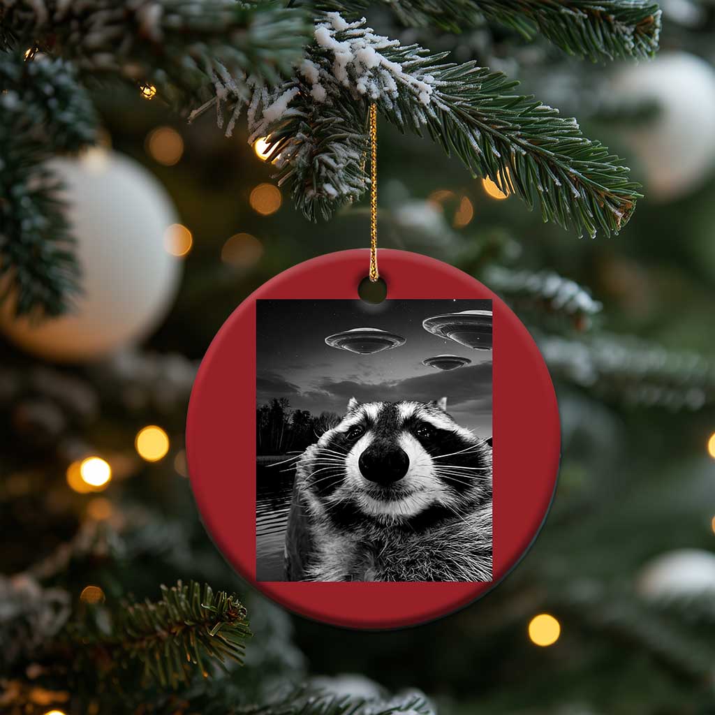 Funny Graphic Racoon Selfie with UFOs Weird Christmas Ornament TS10