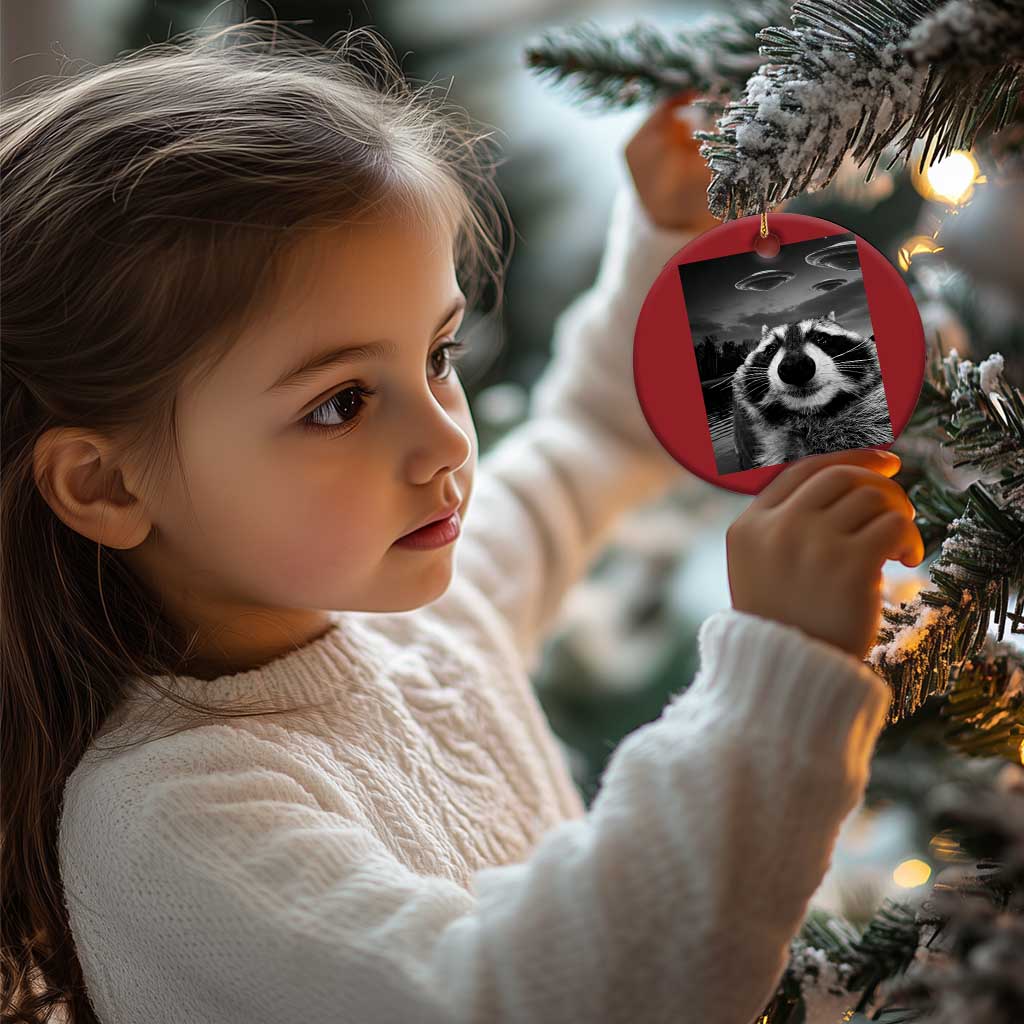 Funny Graphic Racoon Selfie with UFOs Weird Christmas Ornament TS10