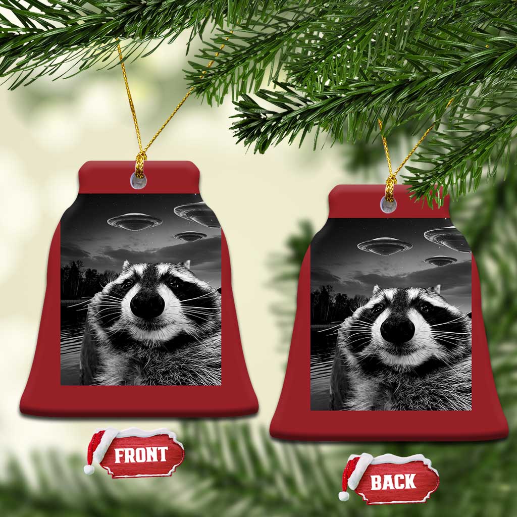 Funny Graphic Racoon Selfie with UFOs Weird Christmas Ornament TS10