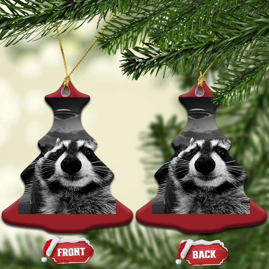 Funny Graphic Racoon Selfie with UFOs Weird Christmas Ornament TS10