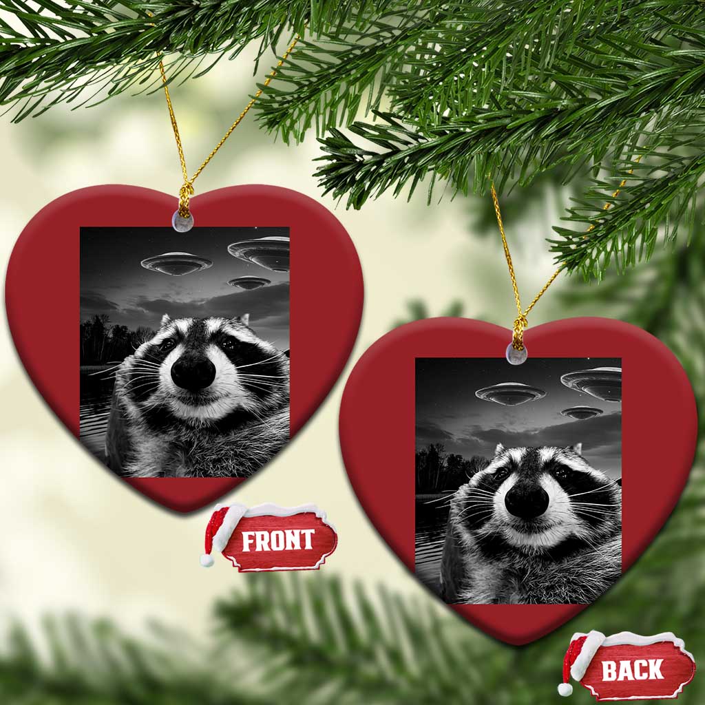 Funny Graphic Racoon Selfie with UFOs Weird Christmas Ornament TS10