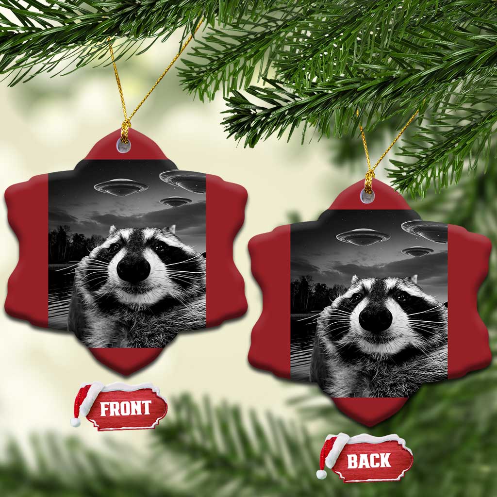 Funny Graphic Racoon Selfie with UFOs Weird Christmas Ornament TS10