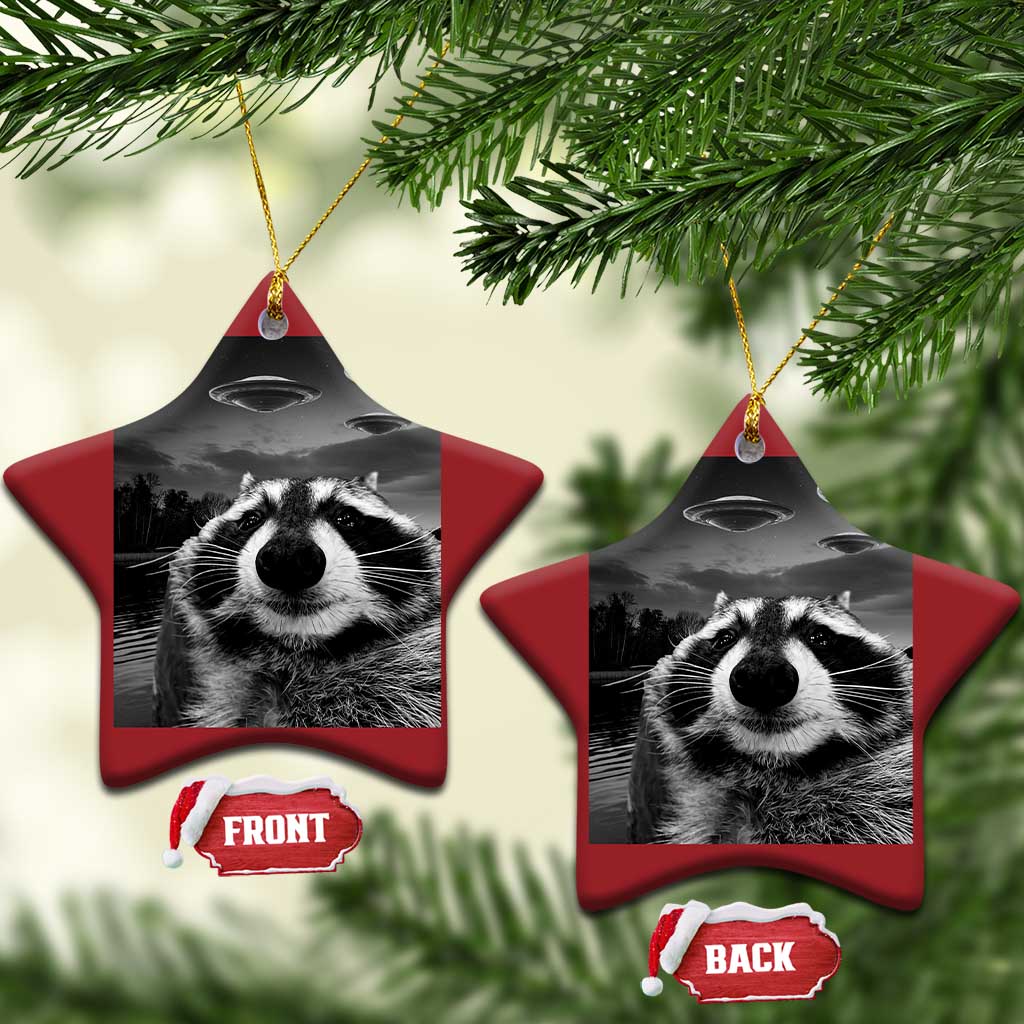 Funny Graphic Racoon Selfie with UFOs Weird Christmas Ornament TS10
