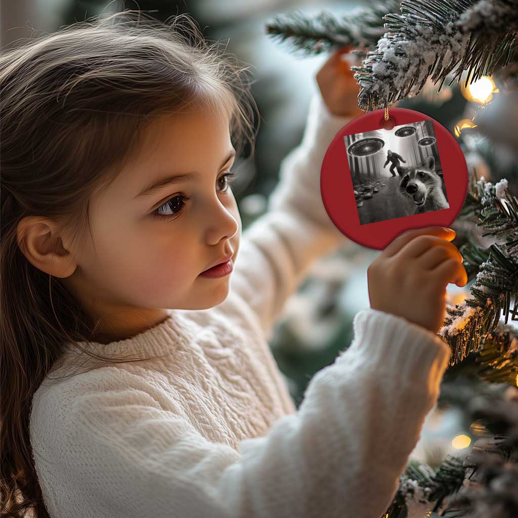 Raccoon Selfie With Bigfoot UFO Christmas Ornament Funny Feral Lover Gifts TS10