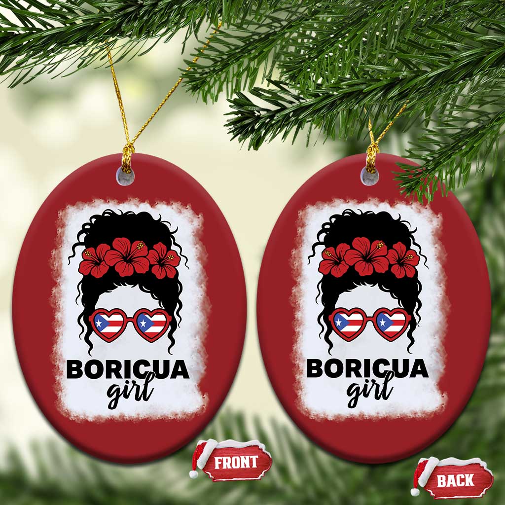Boricua Girl Christmas Ornament Messy Bun Puerto Rican Flag Hibiscus Flower TS10