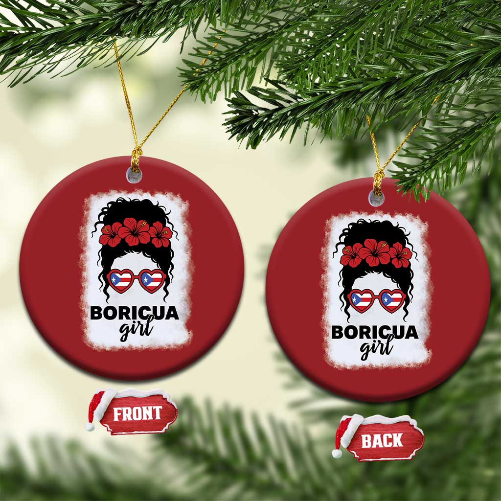 Boricua Girl Christmas Ornament Messy Bun Puerto Rican Flag Hibiscus Flower TS10