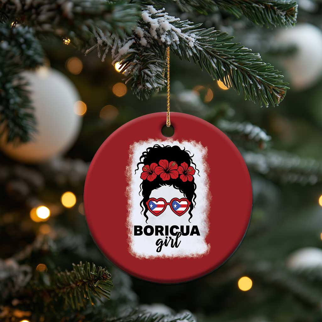 Boricua Girl Christmas Ornament Messy Bun Puerto Rican Flag Hibiscus Flower TS10