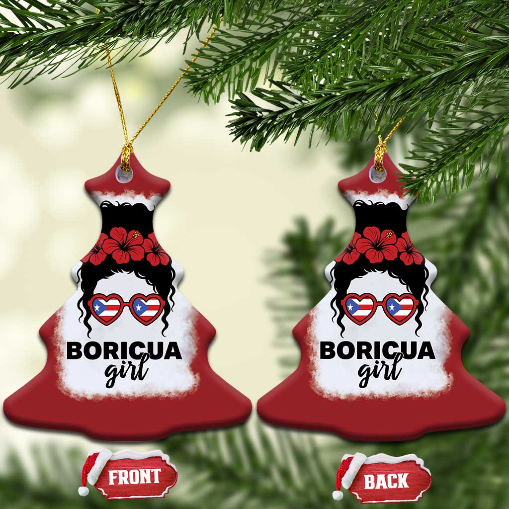Boricua Girl Christmas Ornament Messy Bun Puerto Rican Flag Hibiscus Flower TS10