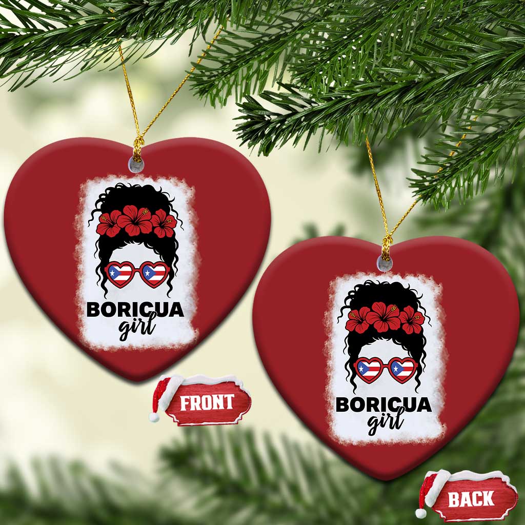 Boricua Girl Christmas Ornament Messy Bun Puerto Rican Flag Hibiscus Flower TS10