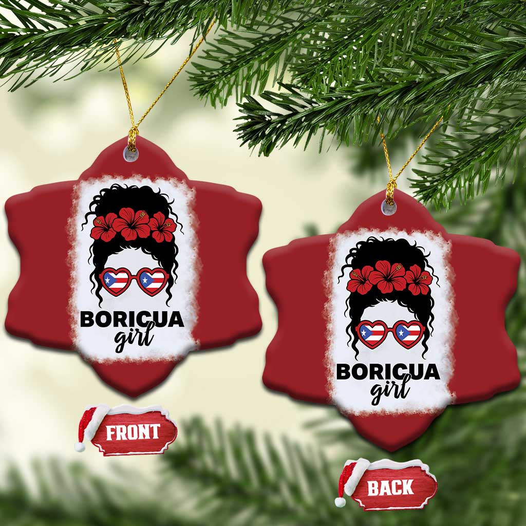 Boricua Girl Christmas Ornament Messy Bun Puerto Rican Flag Hibiscus Flower TS10