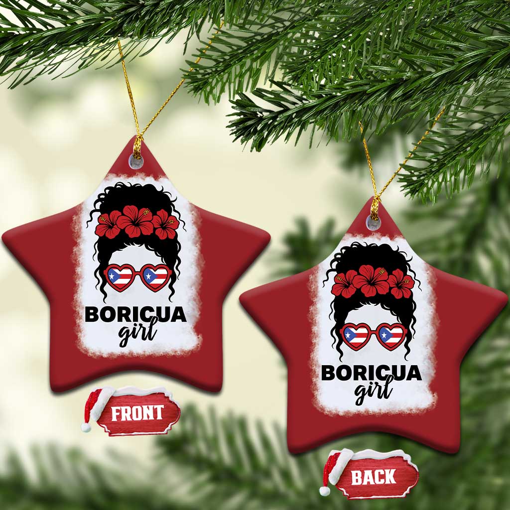 Boricua Girl Christmas Ornament Messy Bun Puerto Rican Flag Hibiscus Flower TS10