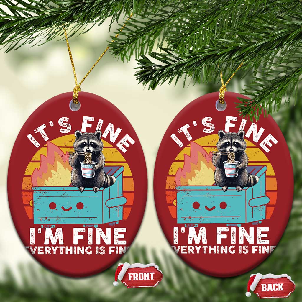 Funny Racoon Christmas Ornament Eating Instant Noodle Cup Dumpster Fire Everything Is Fine Meme TS10