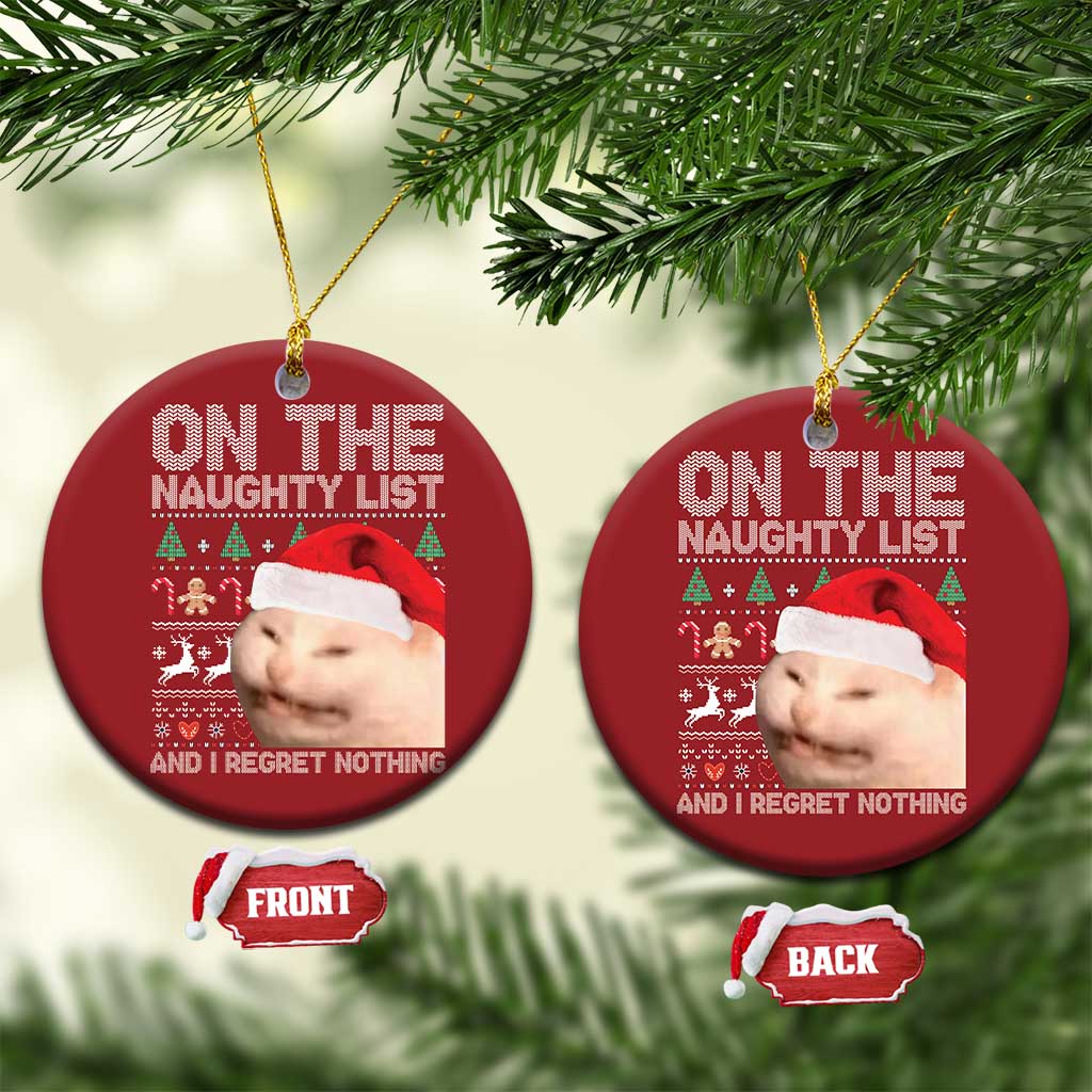 Funny Cat Christmas Ornament On The Naughty List And I Regret Nothing Meme Ugly Xmas TS10