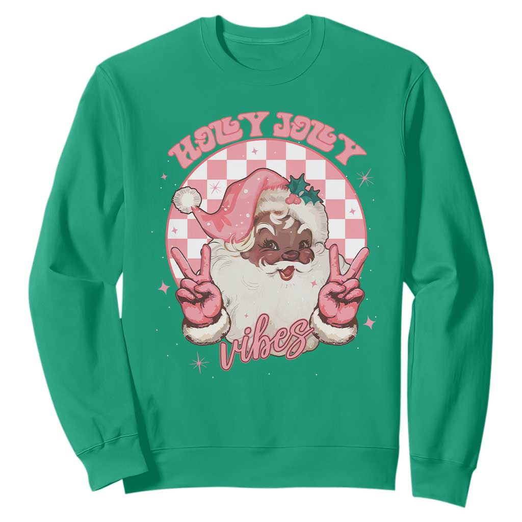 Funny Pink Christmas Retro Black Santa Sweatshirt Holly Jolly Vibes Checkboards TS11