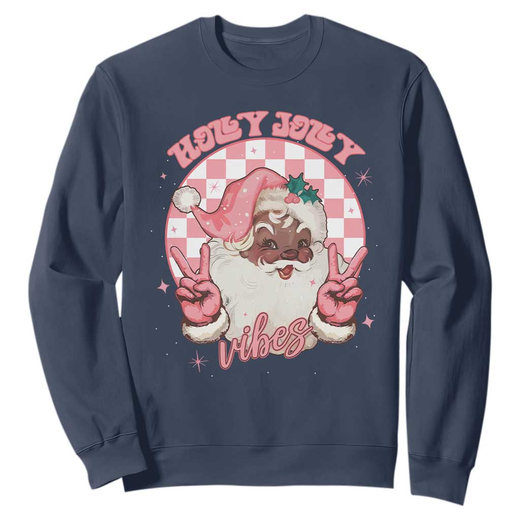 Funny Pink Christmas Retro Black Santa Sweatshirt Holly Jolly Vibes Checkboards TS11